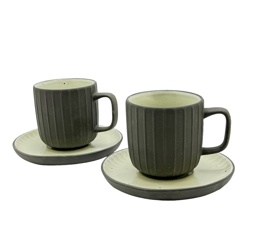 Charcoal Earthen Stoneware Coffee Cups With Saucers - Set of 2