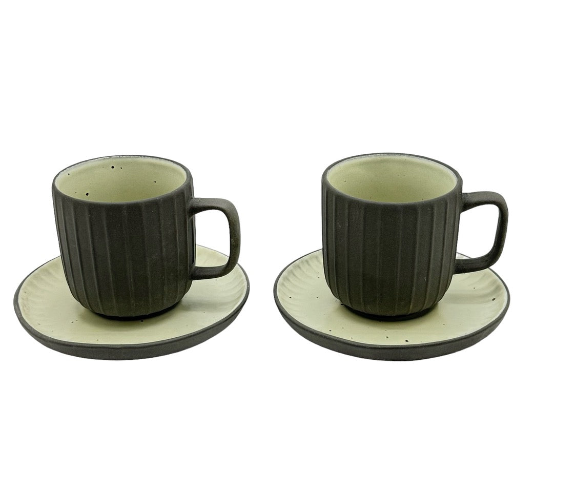 Charcoal Earthen Stoneware Coffee Cups With Saucers - Set of 2