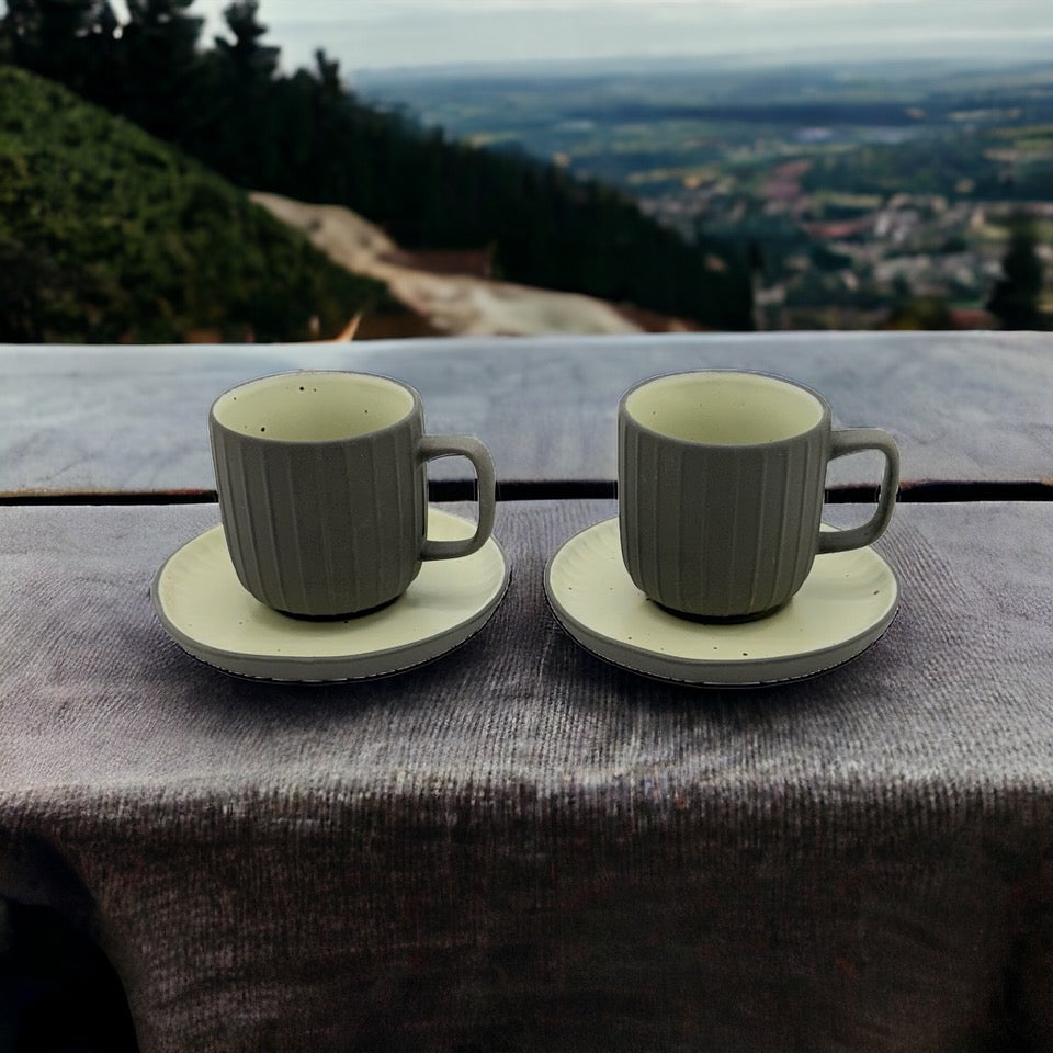 Charcoal Earthen Stoneware Coffee Cups With Saucers - Set of 2