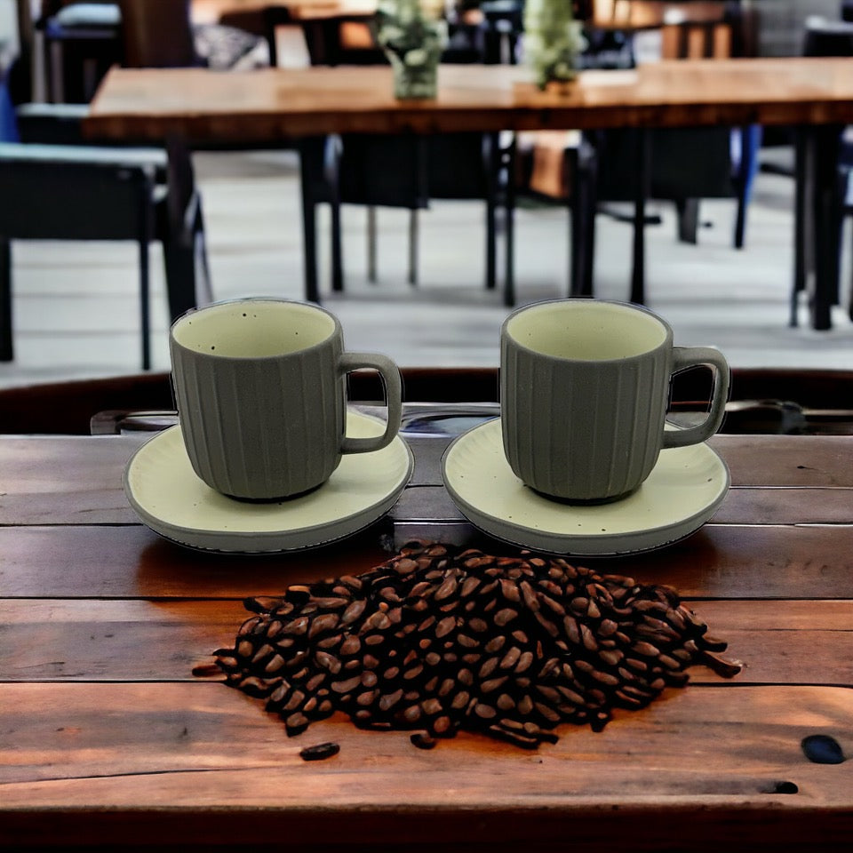 Charcoal Earthen Stoneware Coffee Cups With Saucers - Set of 2