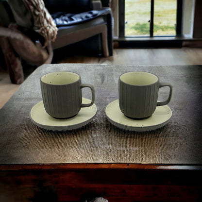 Charcoal Earthen Stoneware Coffee Cups With Saucers - Set of 2