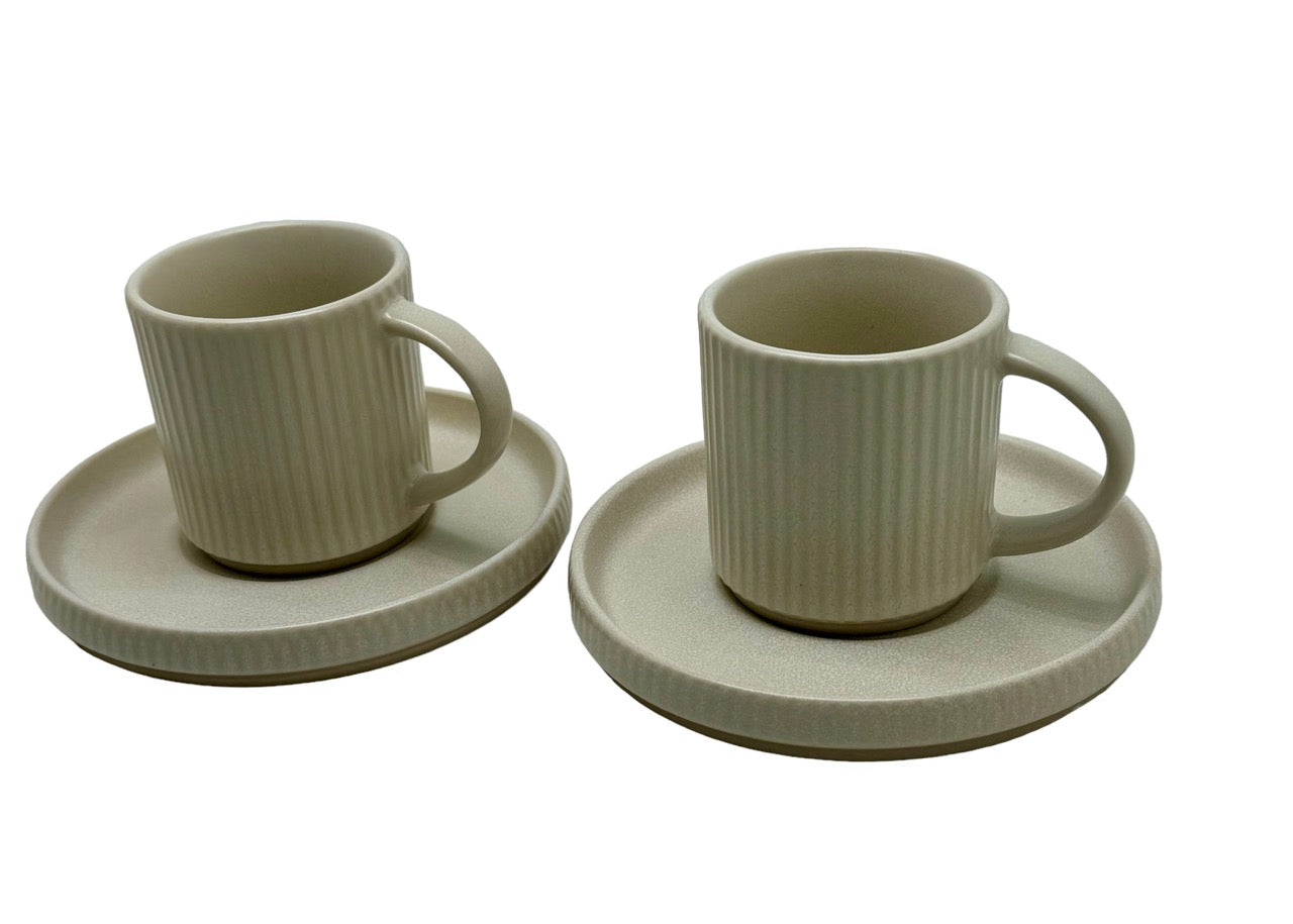 Ivory Earthen Stoneware Coffee Cups With Saucers - Set of 2