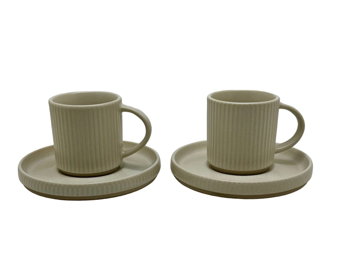 Ivory Earthen Stoneware Coffee Cups With Saucers - Set of 2