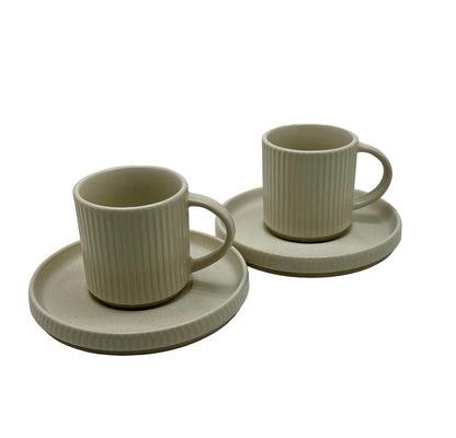 Ivory Earthen Stoneware Coffee Cups With Saucers - Set of 2