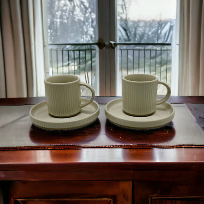 Ivory Earthen Stoneware Coffee Cups With Saucers - Set of 2