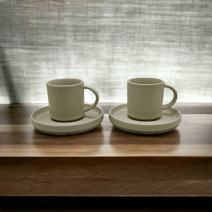 Ivory Earthen Stoneware Coffee Cups With Saucers - Set of 2