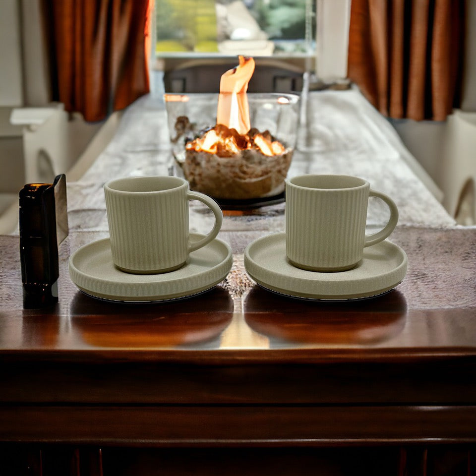 Ivory Earthen Stoneware Coffee Cups With Saucers - Set of 2