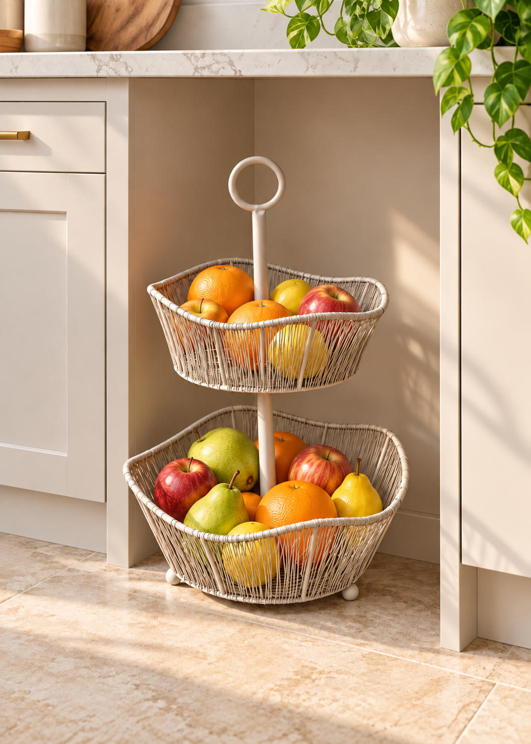 Alora Beige Two-Tier Fruit Basket