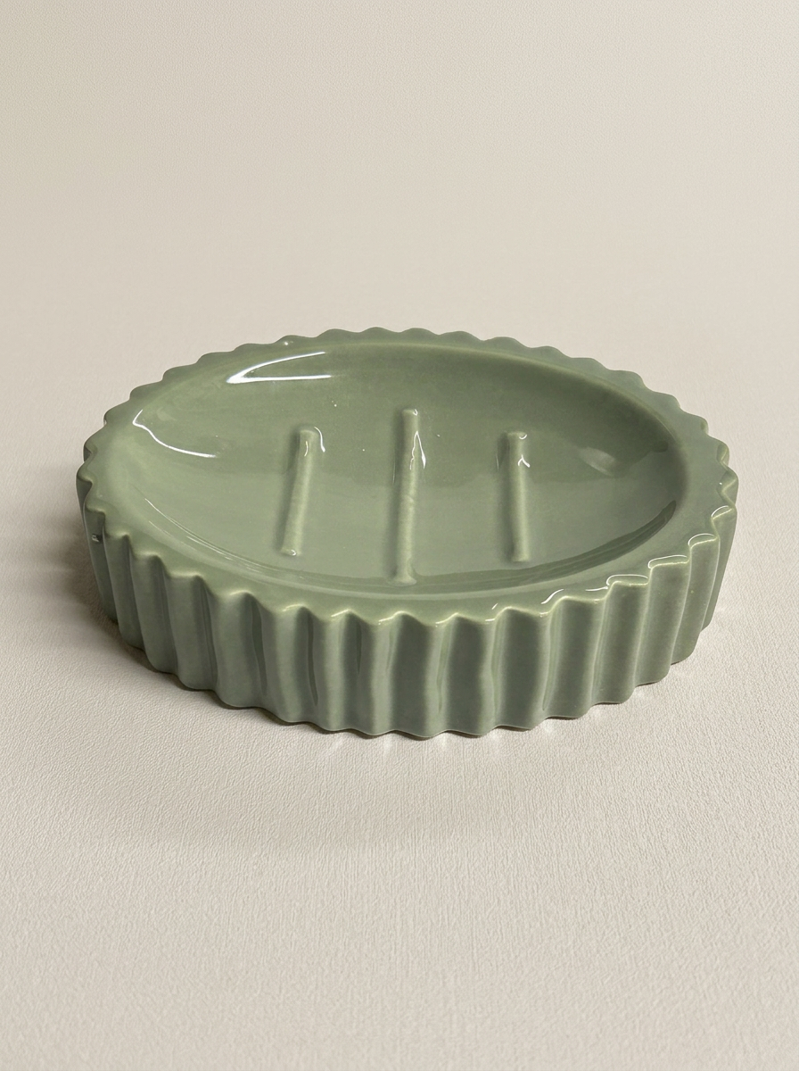 Ribbed Ceramic Bathroom Soap Dish - Sage Green