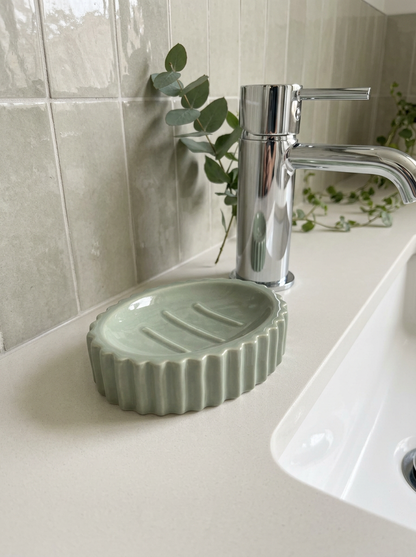 Ribbed Ceramic Bathroom Soap Dish - Sage Green