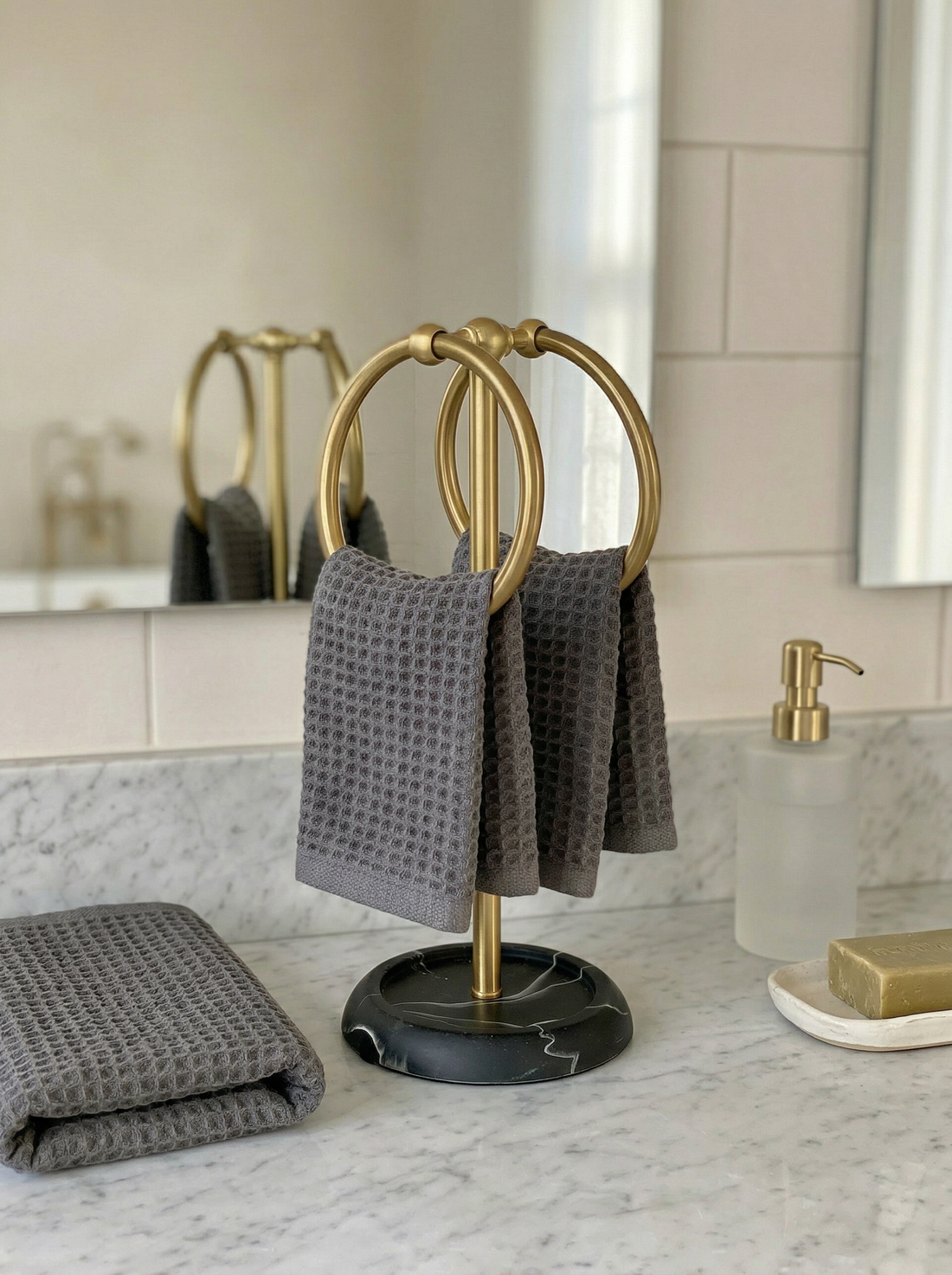 Dual Ring Hand Towel Stand - Black