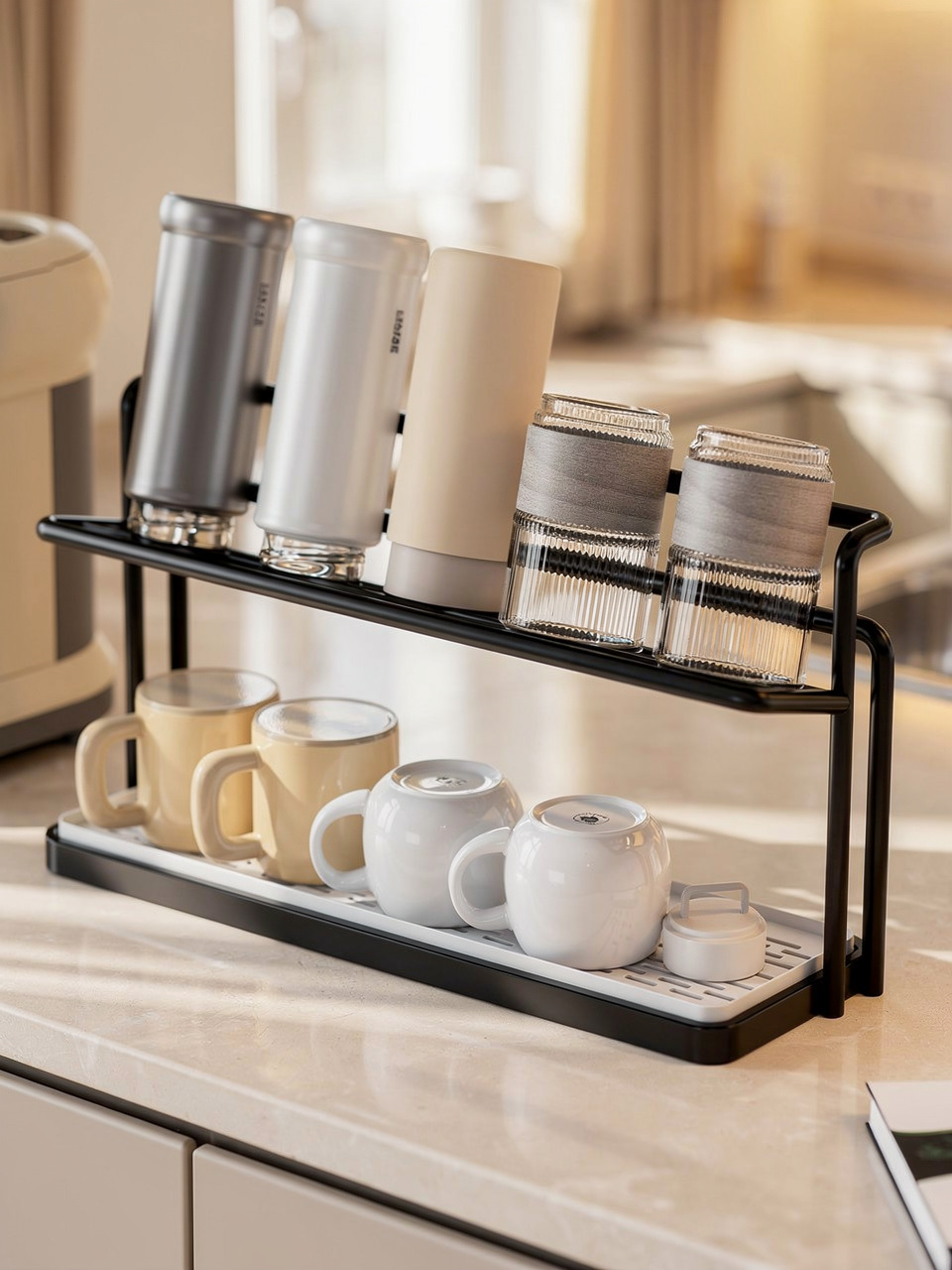 2-Tier Cup Rack with Tray - Black