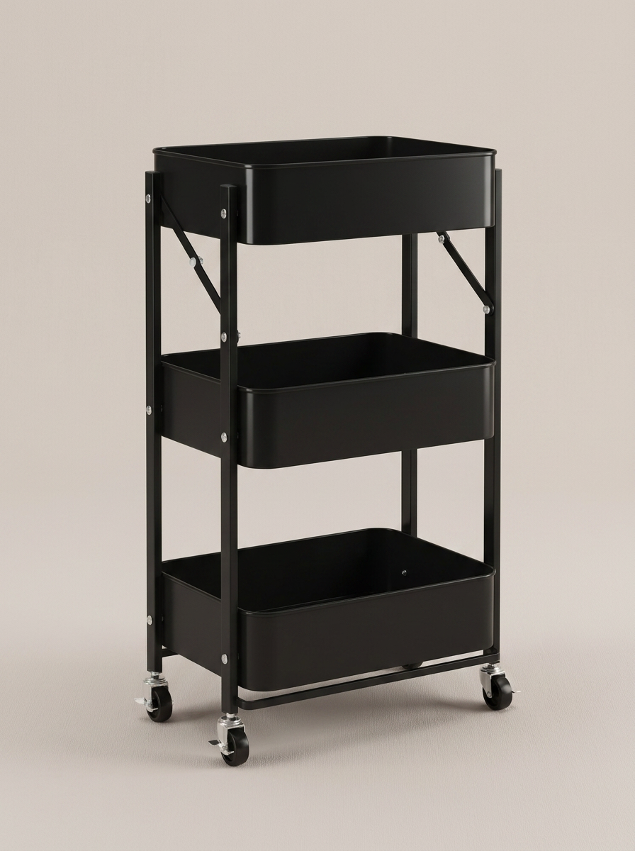 Foldable 3-Tier Rolling Utility Cart - Black