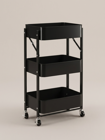 Foldable 3-Tier Rolling Utility Cart - Black