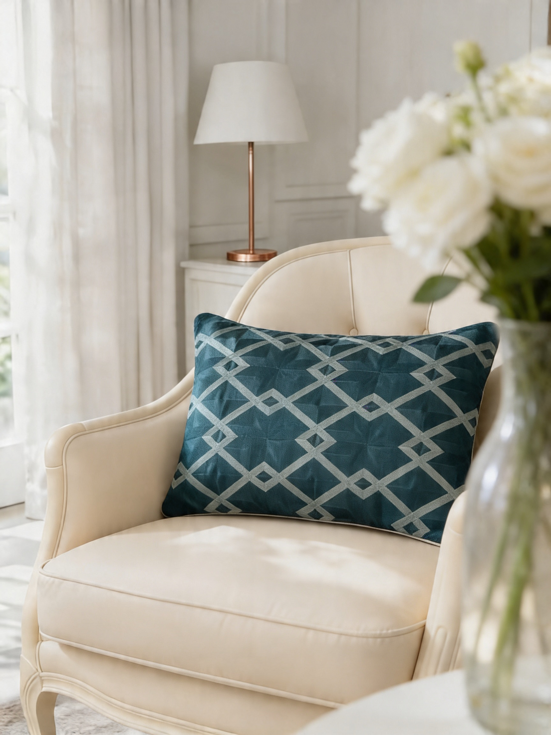 Geometric Embroidered Lumbar Cushion Cover