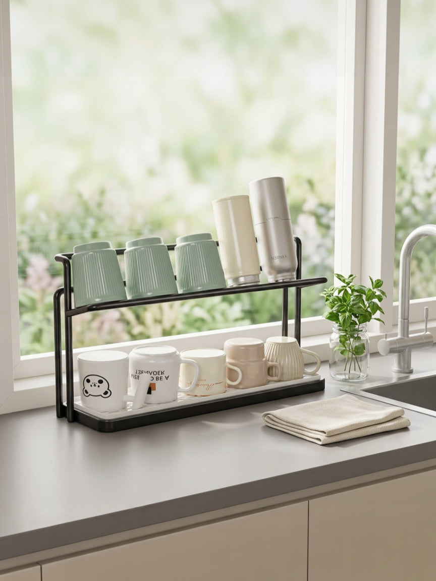2-Tier Cup Rack with Tray - Black