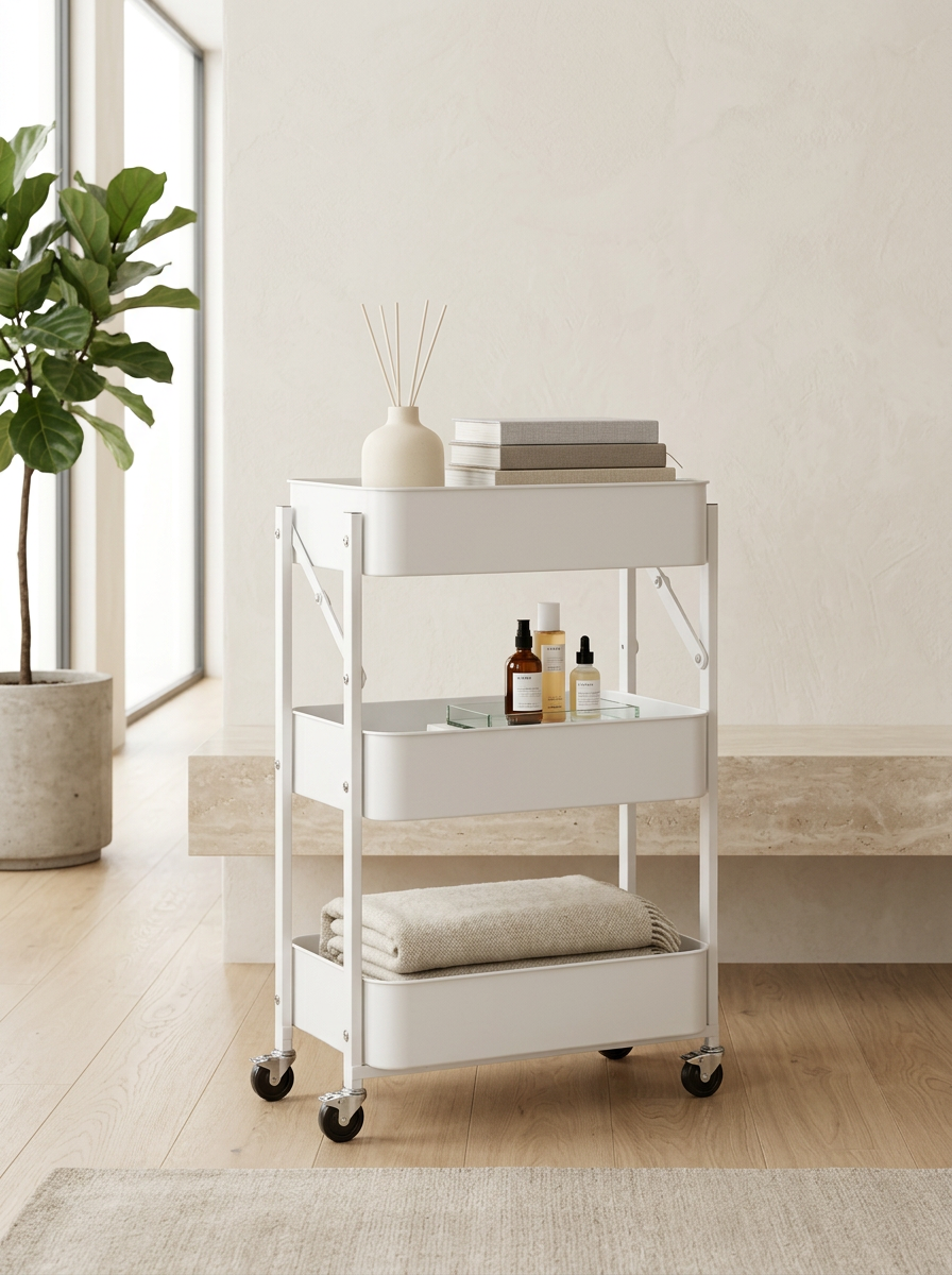 Foldable 3-Tier Rolling Utility Cart - White