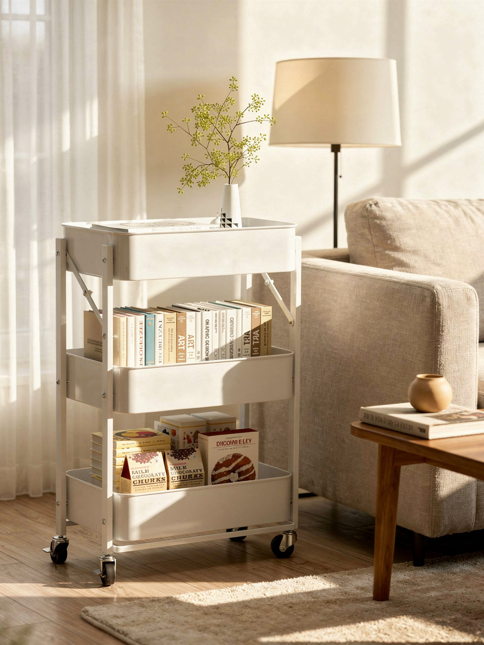 Foldable 3-Tier Rolling Utility Cart - White