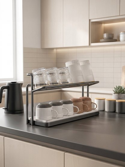 2-Tier Cup Rack with Tray - Black