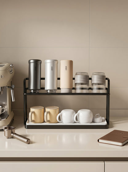 2-Tier Cup Rack with Tray - Black