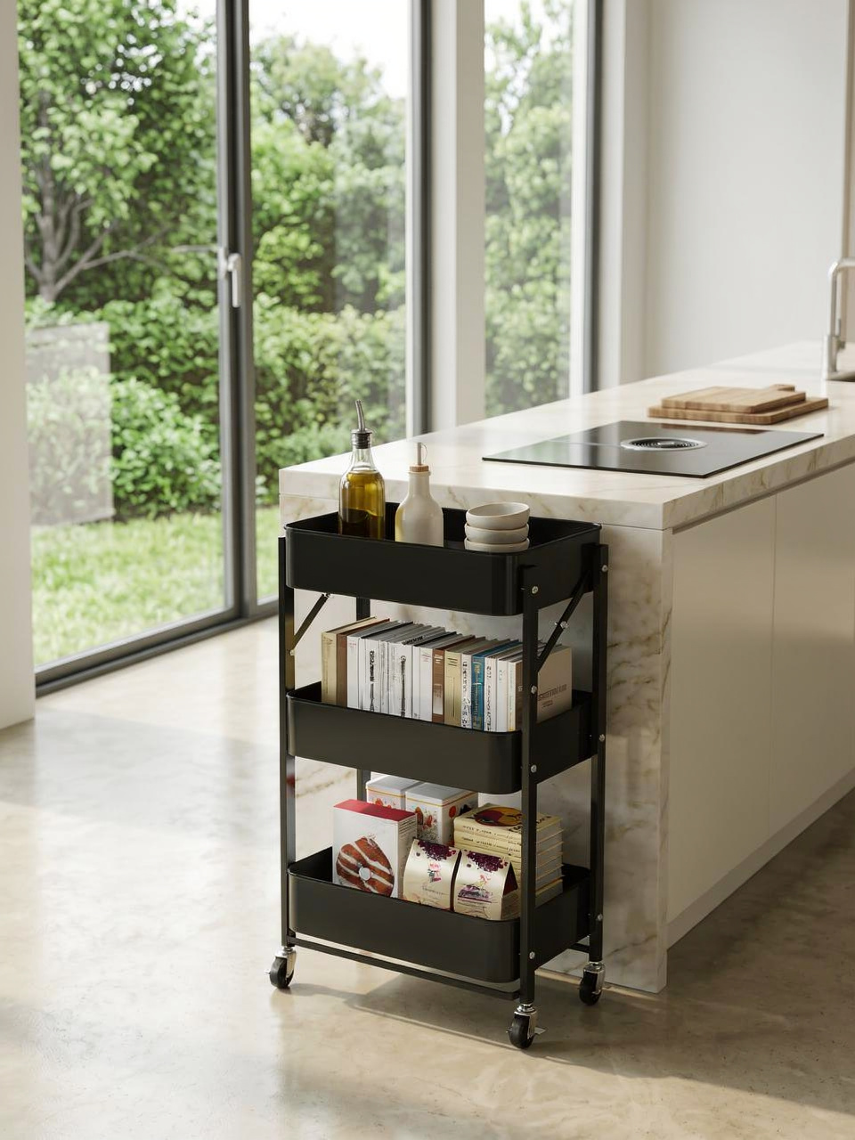 Foldable 3-Tier Rolling Utility Cart - Black