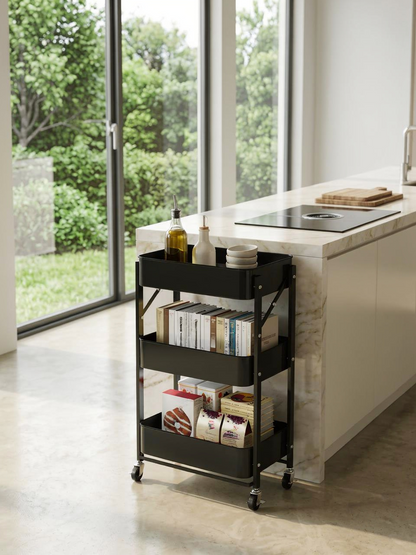 Foldable 3-Tier Rolling Utility Cart - Black