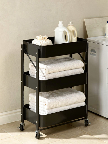 Foldable 3-Tier Rolling Utility Cart - Black