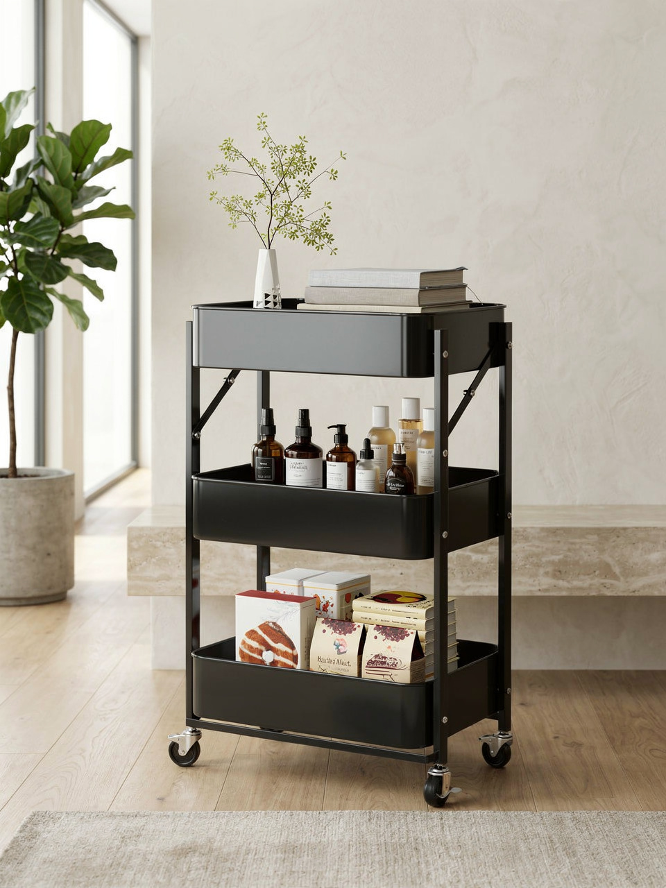 Foldable 3-Tier Rolling Utility Cart - Black