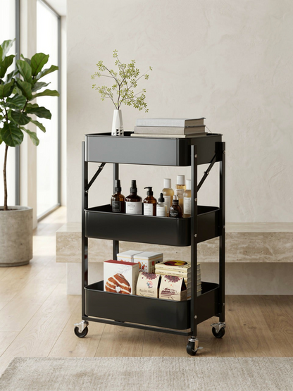Foldable 3-Tier Rolling Utility Cart - Black