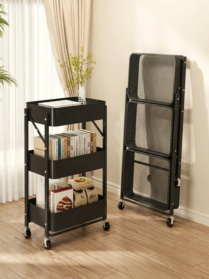 Foldable 3-Tier Rolling Utility Cart - Black
