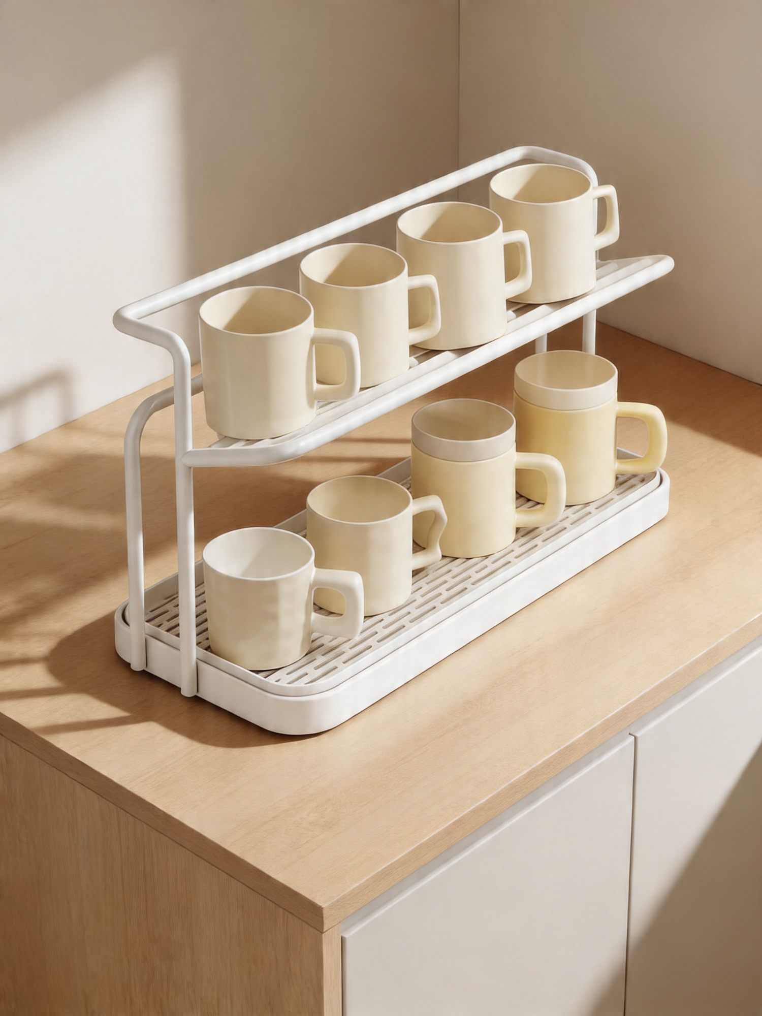 2-Tier Cup Rack with Tray - White