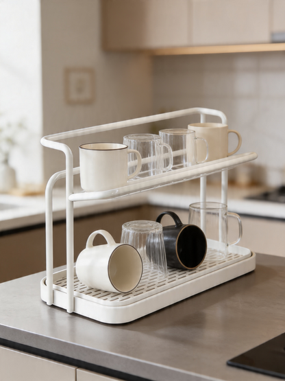 2-Tier Cup Rack with Tray - White