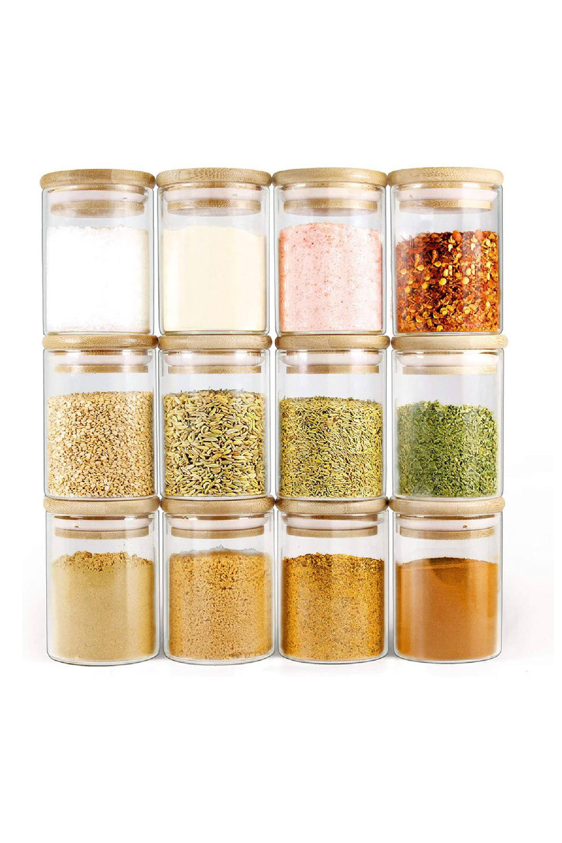 Glass Airtight Spice Jar With Wooden Lid - Set Of 12