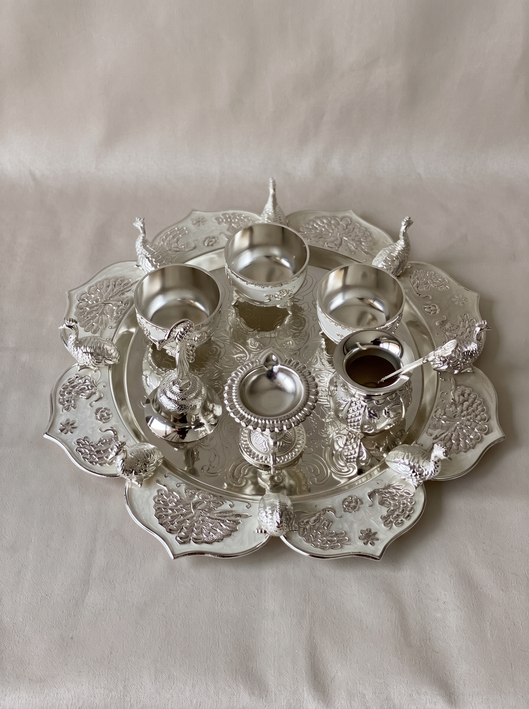 Festive Silver Peacock Pooja Thali