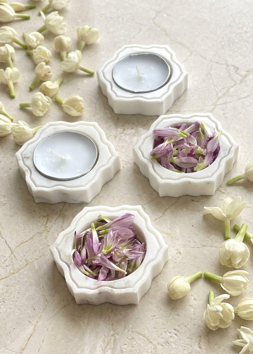 Pichola Marble Flower Votive Holder - Set Of 4