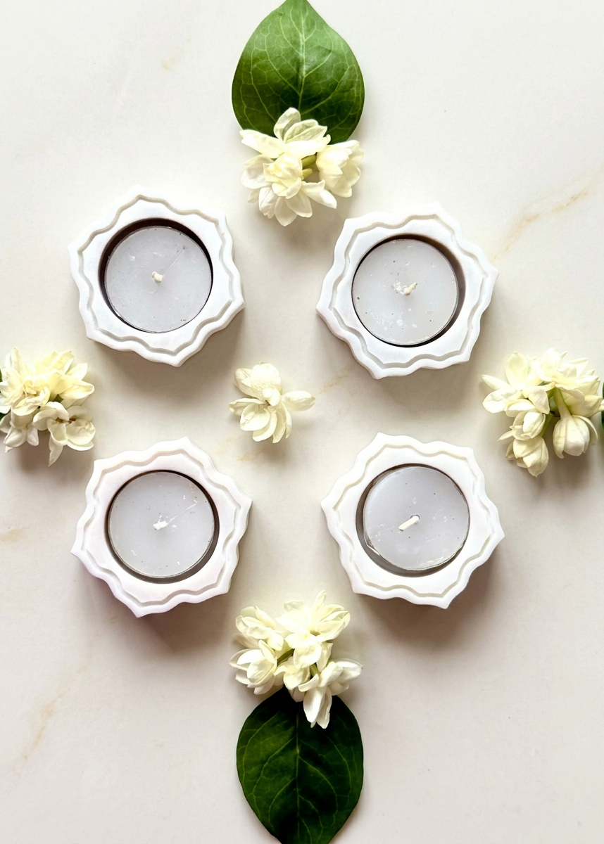 Pichola Marble Flower Votive Holder - Set Of 4
