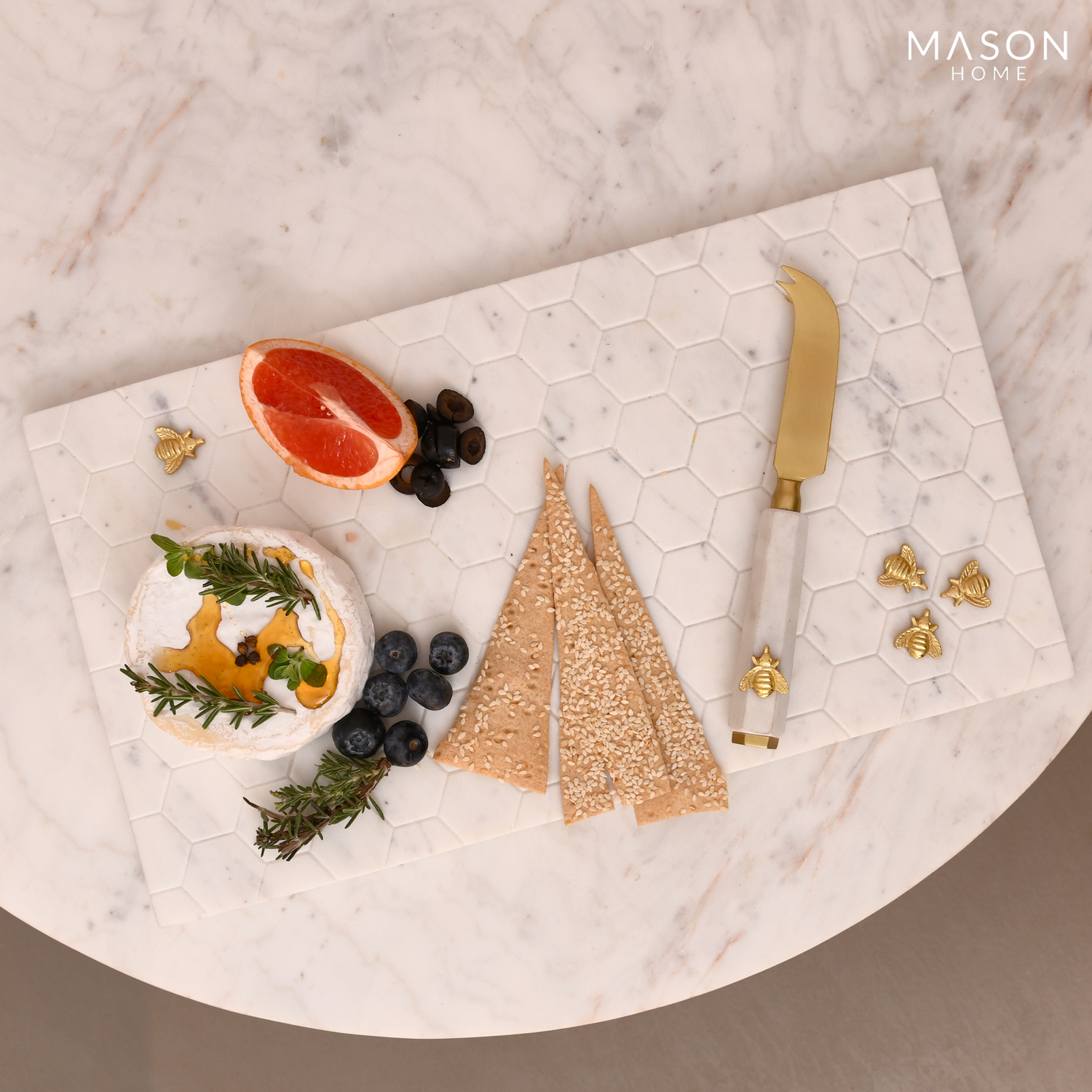 Honeycomb &amp; Bee Luxe Marble Cheese Platter With Knife