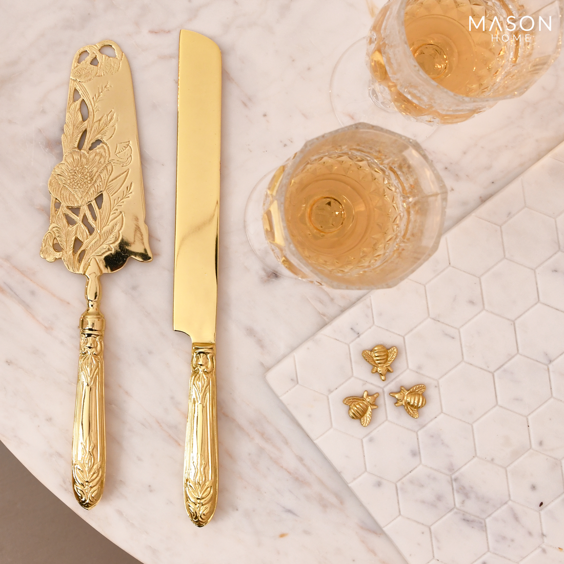 Royal Floral Bloom Cake Knife And Server - Gold