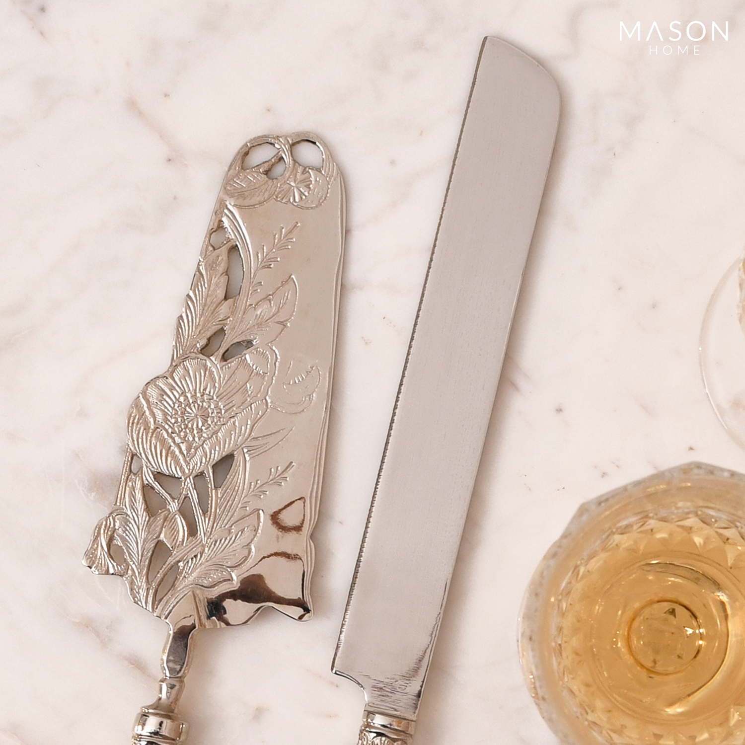 Royal Floral Bloom Cake Knife And Server - Silver