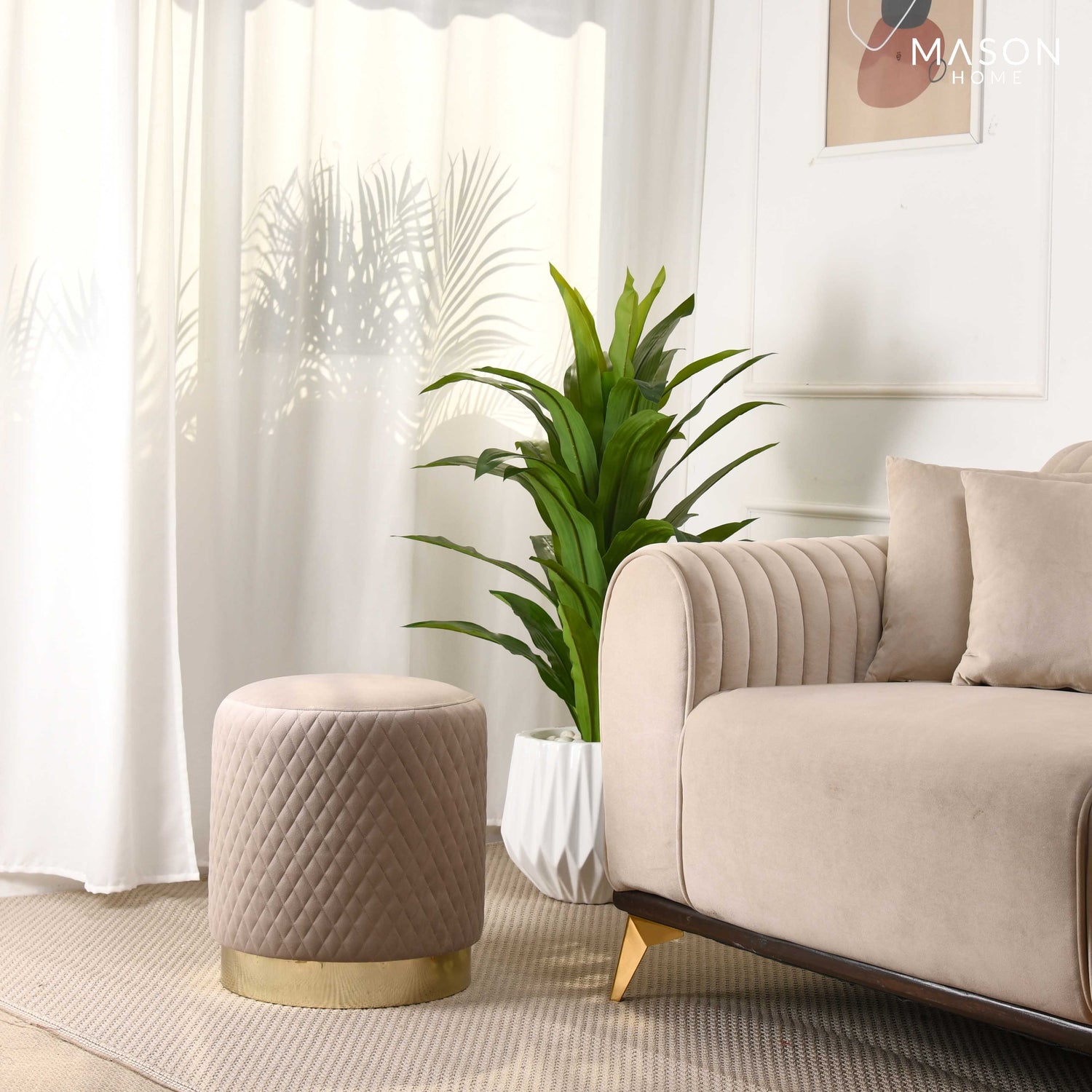 Alexandria Quilted Beige Velvet Pouffe