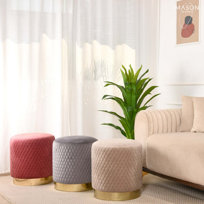 Alexandria Quilted Beige Velvet Pouffe