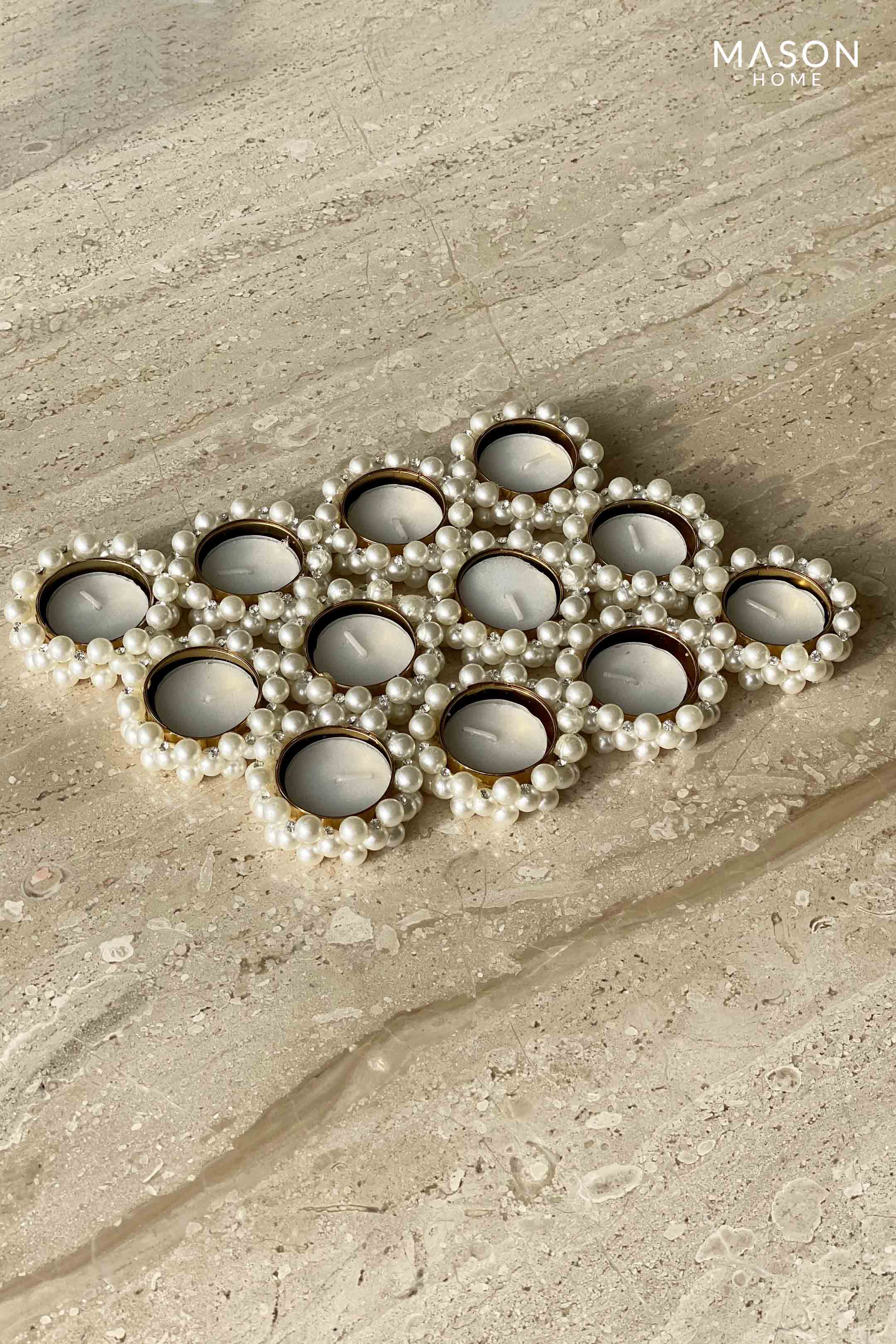 Festive White Pearl Tea Light - Set Of 12