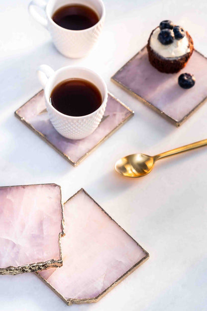 Rose Quartz Coasters With Gold Trim