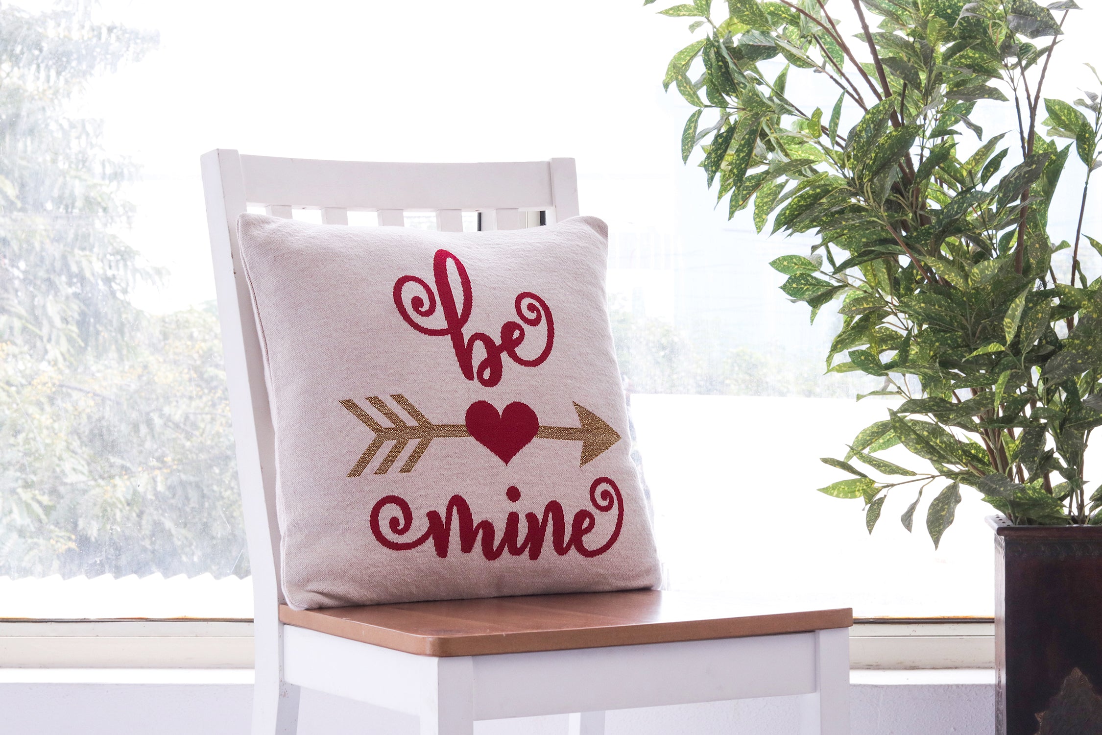 Be Mine - Cotton Knitted Cushion Cover (Natural &amp; Red Color)