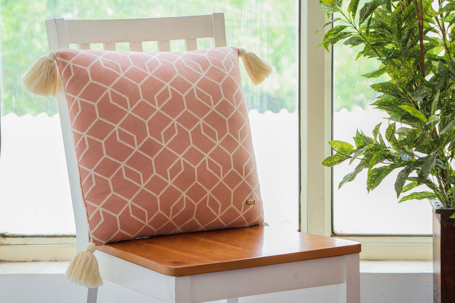 Trellis - Blush Pink &amp; Natural Pure Cotton Knitted Decorative Cushion Cover