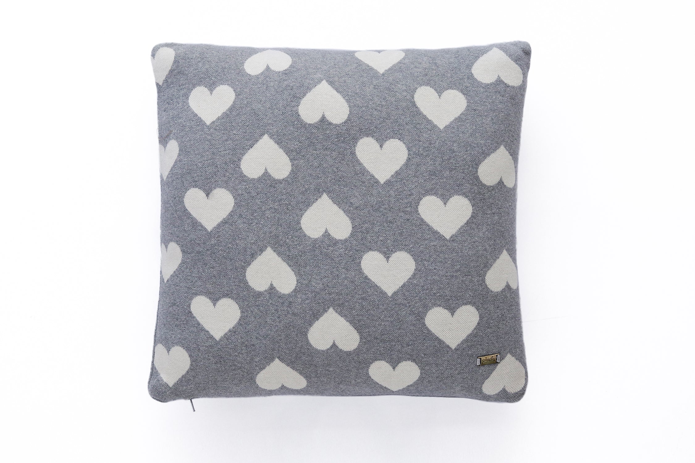 All Over Hearts - Cotton Knitted Cushion Cover (Light Grey Melange &amp; Natural Color)