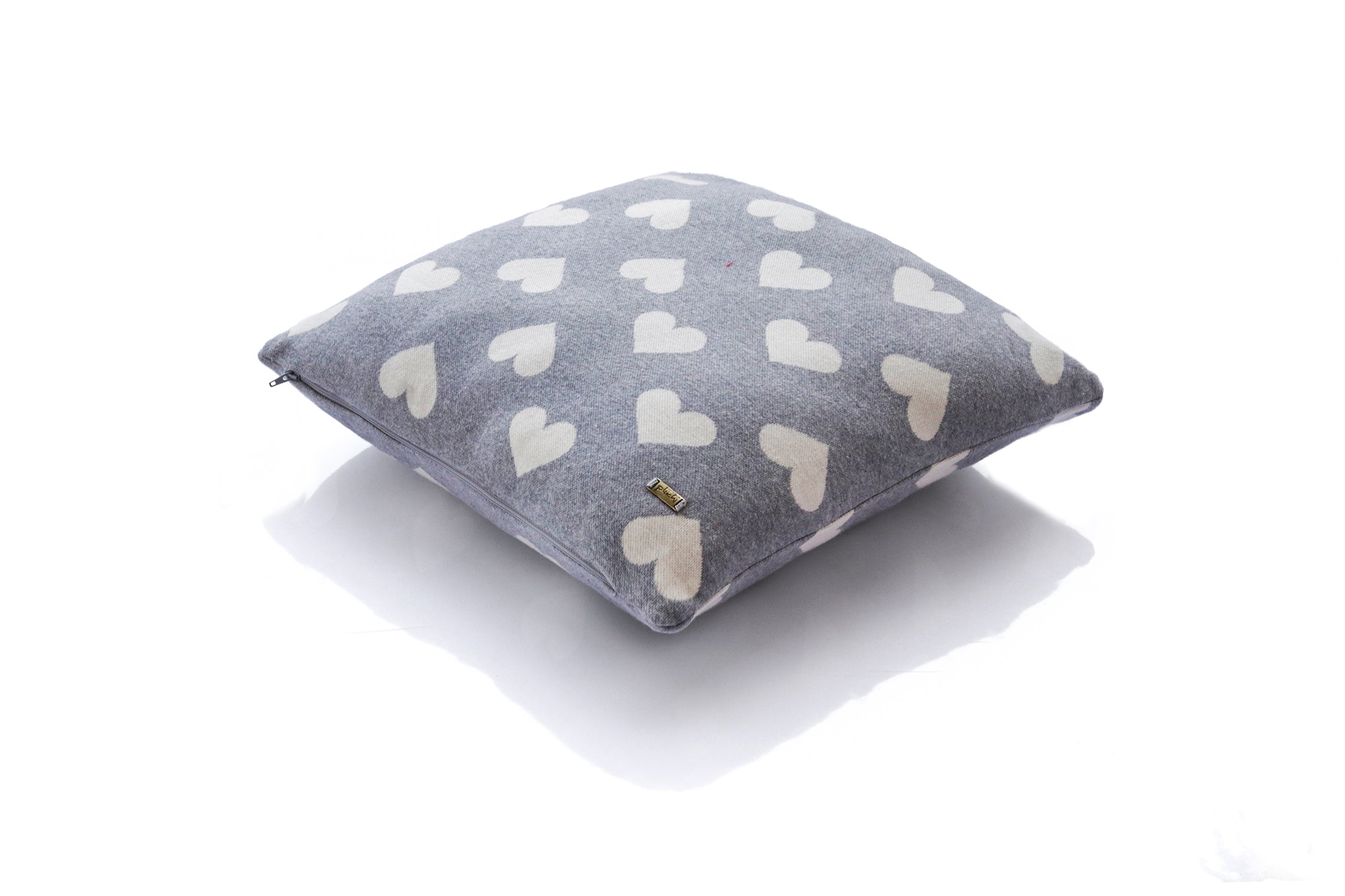 All Over Hearts - Cotton Knitted Cushion Cover (Light Grey Melange &amp; Natural Color)