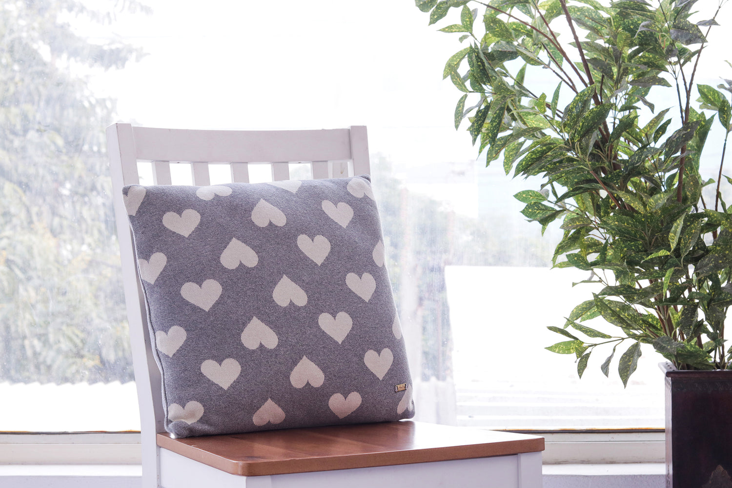 All Over Hearts - Cotton Knitted Cushion Cover (Light Grey Melange &amp; Natural Color)