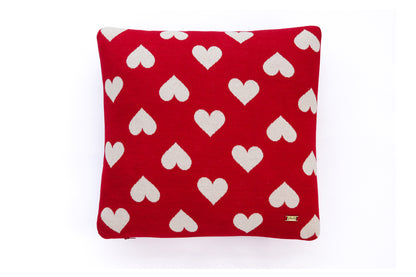 All Over Hearts - Cotton Knitted Cushion Cover (Red &amp; Natural Color)