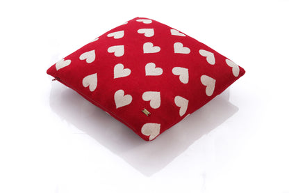 All Over Hearts - Cotton Knitted Cushion Cover (Red &amp; Natural Color)